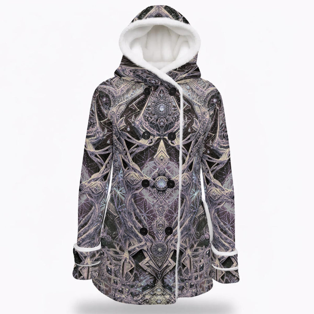 Cosmic Cross Silver women's rave jacket side detail with silver pattern