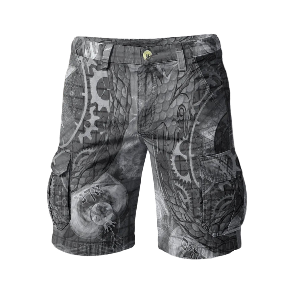 The Watchtowers men's cargo shorts side view with trippy rave style