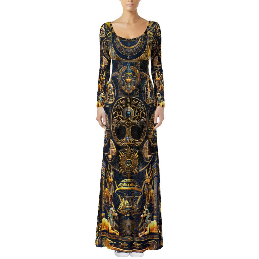Egyptian Atlantis women's crushed velvet maxi dress front view with Egyptian-inspired psychedelic pattern