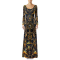Egyptian Atlantis women's crushed velvet maxi dress front view with Egyptian-inspired psychedelic pattern