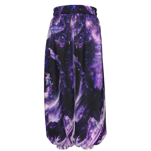 Amethyst Unicorn men's lantern pants front view with psychedelic festival print