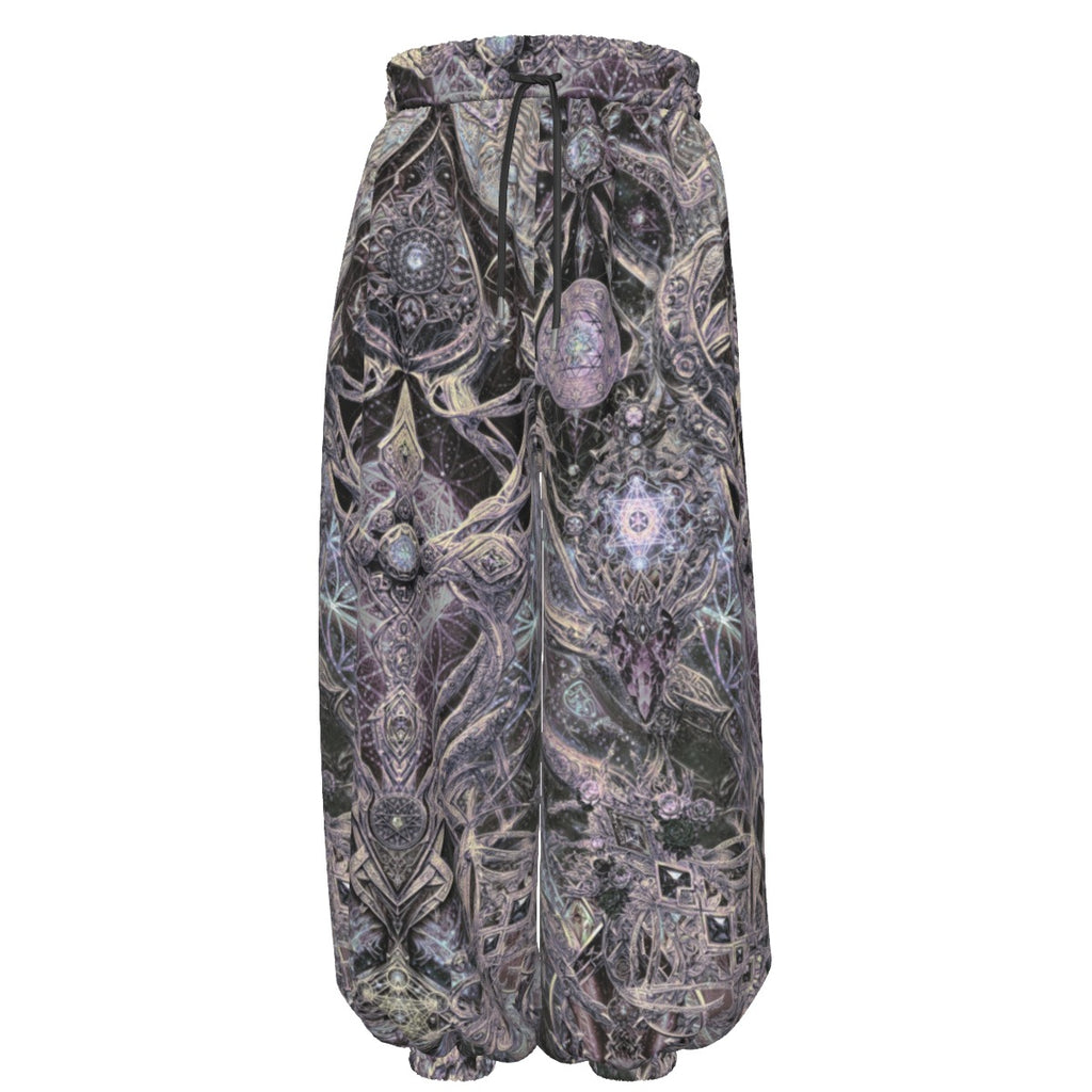Cosmic Cross Silver men's lantern pants side view with trippy rave style