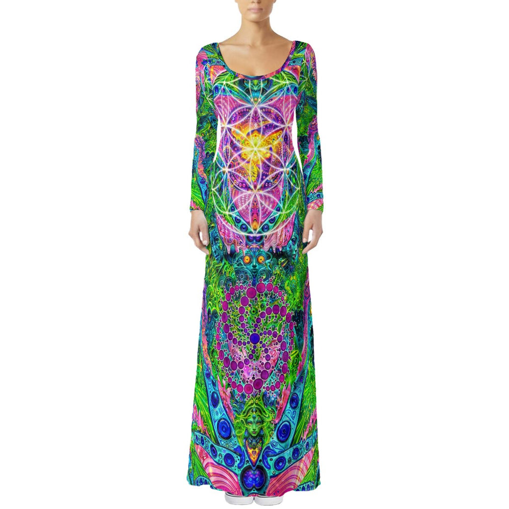 Psy Tribal Shroom women's crushed velvet maxi dress front view with psychedelic mushroom pattern