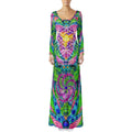 Psy Tribal Shroom women's crushed velvet maxi dress front view with psychedelic mushroom pattern