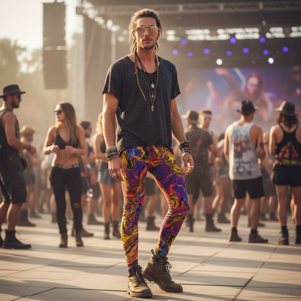 Liquid Fire Men's Festival Leggings side view with trippy visionary art