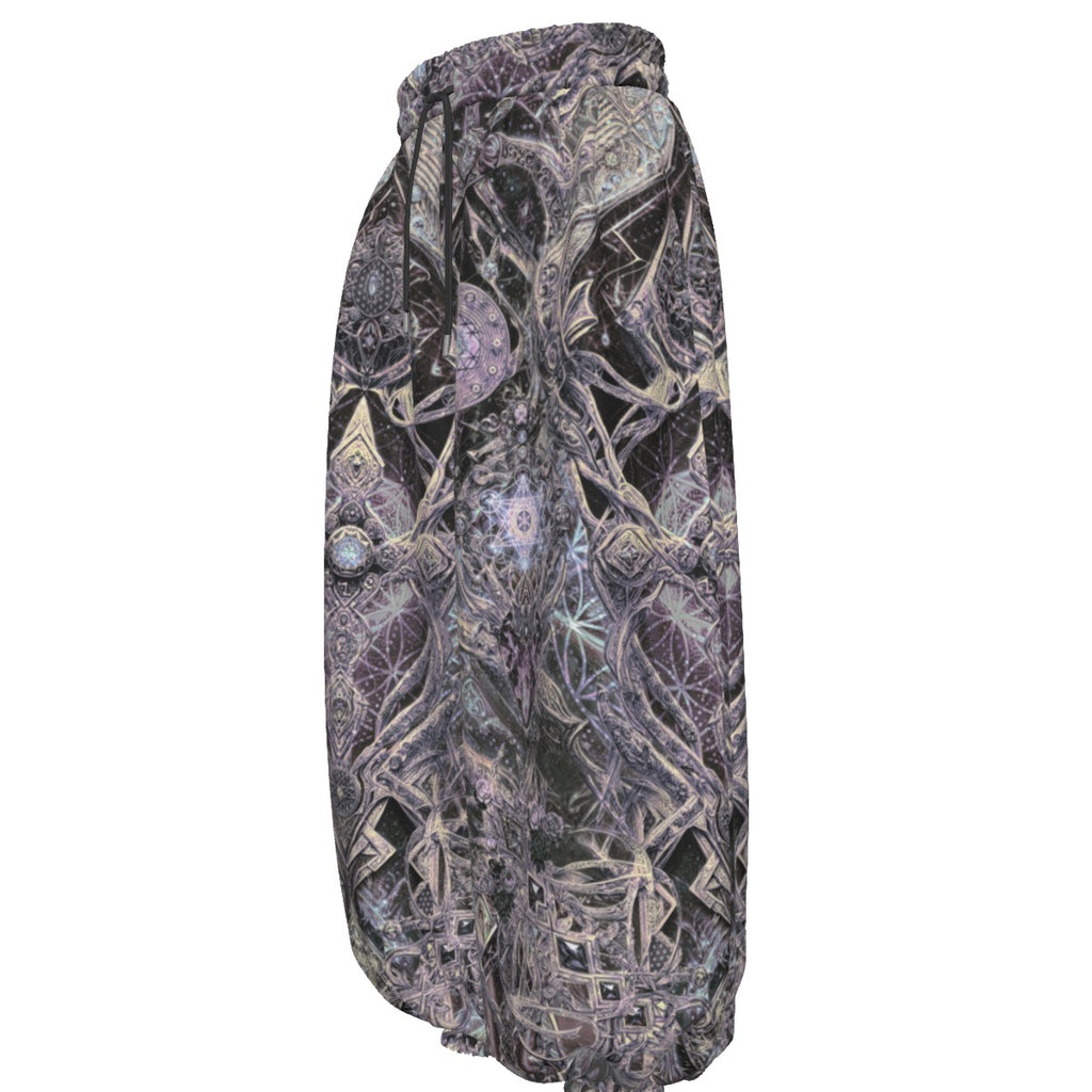 Cosmic Cross Silver men's festival pants back view with flowy harem fit
