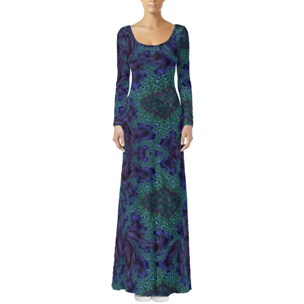 Feathery Fractal women's crushed velvet maxi dress front view with psychedelic fractal pattern
