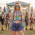 Acid Melt women's crushed velvet crop hoodie front view with psychedelic acid pattern
