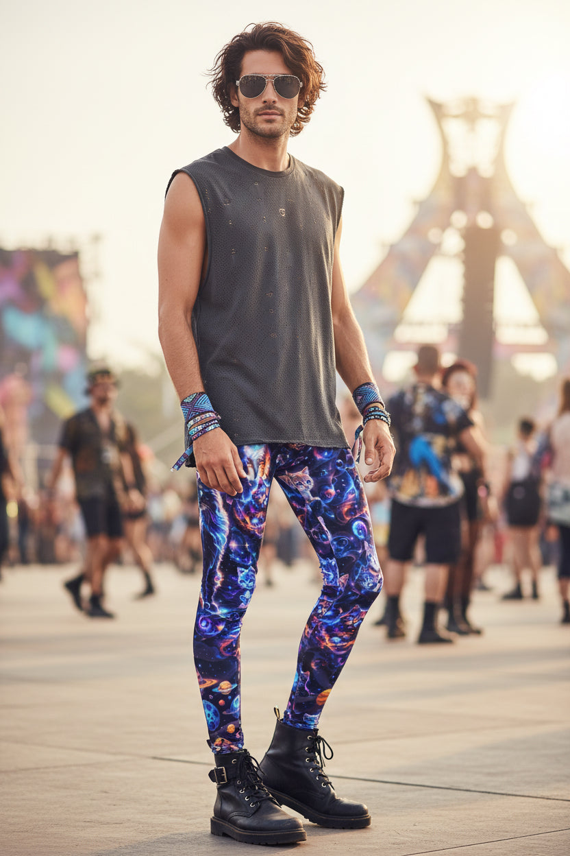 Cosmic Space Cats Men's Festival Leggings detail view with statement activewear