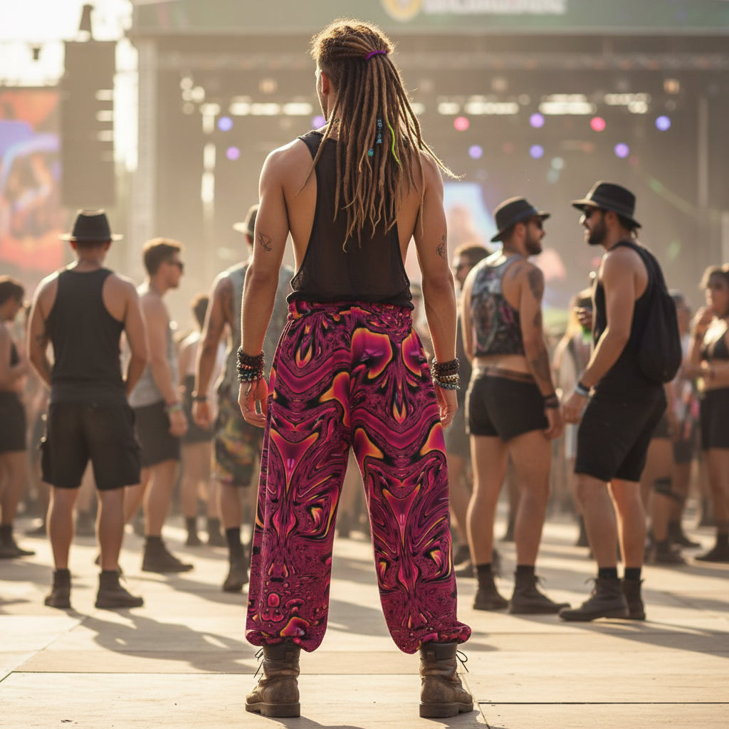 Fuchsia Swirl men's lantern pants side view with trippy rave style