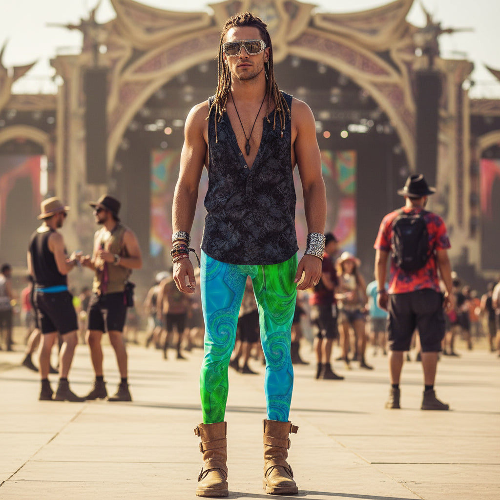 Psy Swirl Green Men's Festival Leggings detail view with alternative fashion