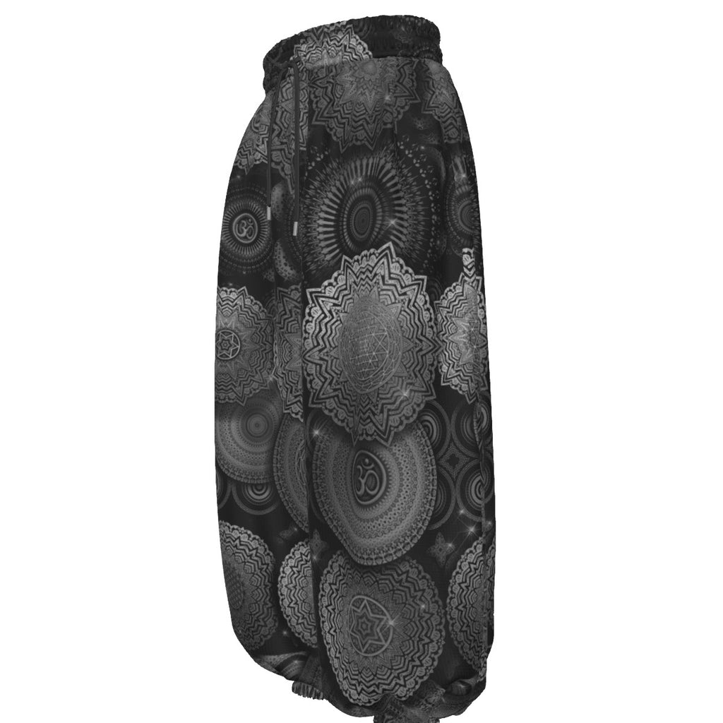 Void Mandala men's lantern pants front view with psychedelic festival print