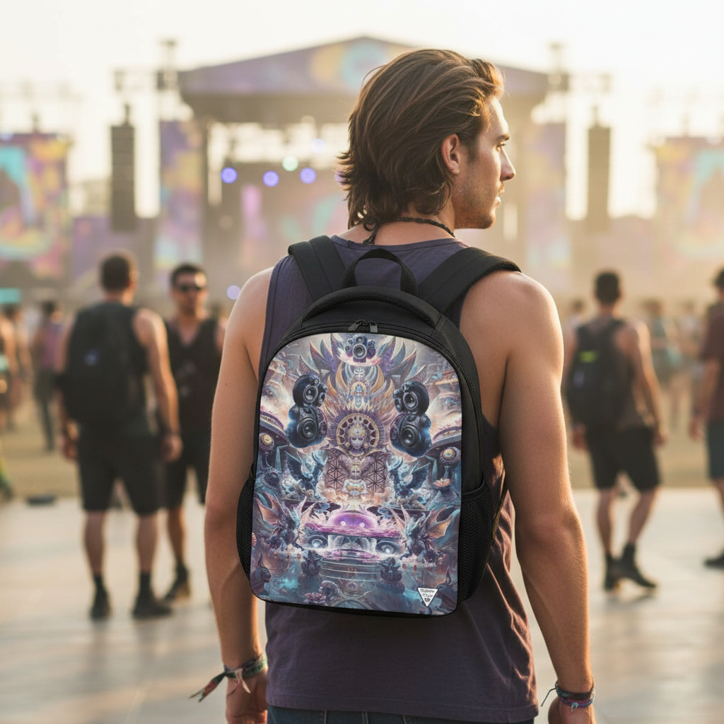 Temple of Sound festival backpack front view with psychedelic art