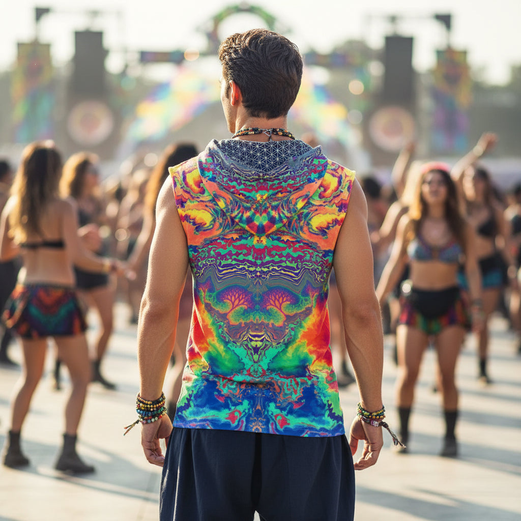 Acid Melt men's hooded tank side view with trippy art print