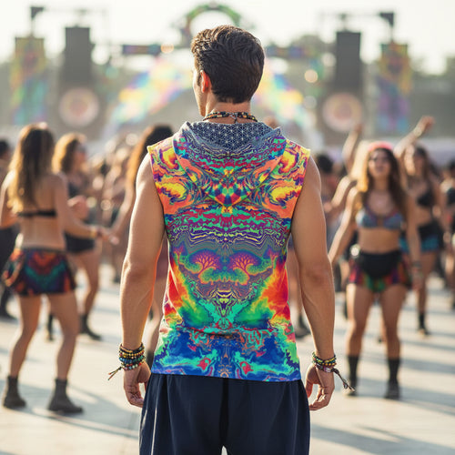 Acid Melt men's hooded tank side view with trippy art print