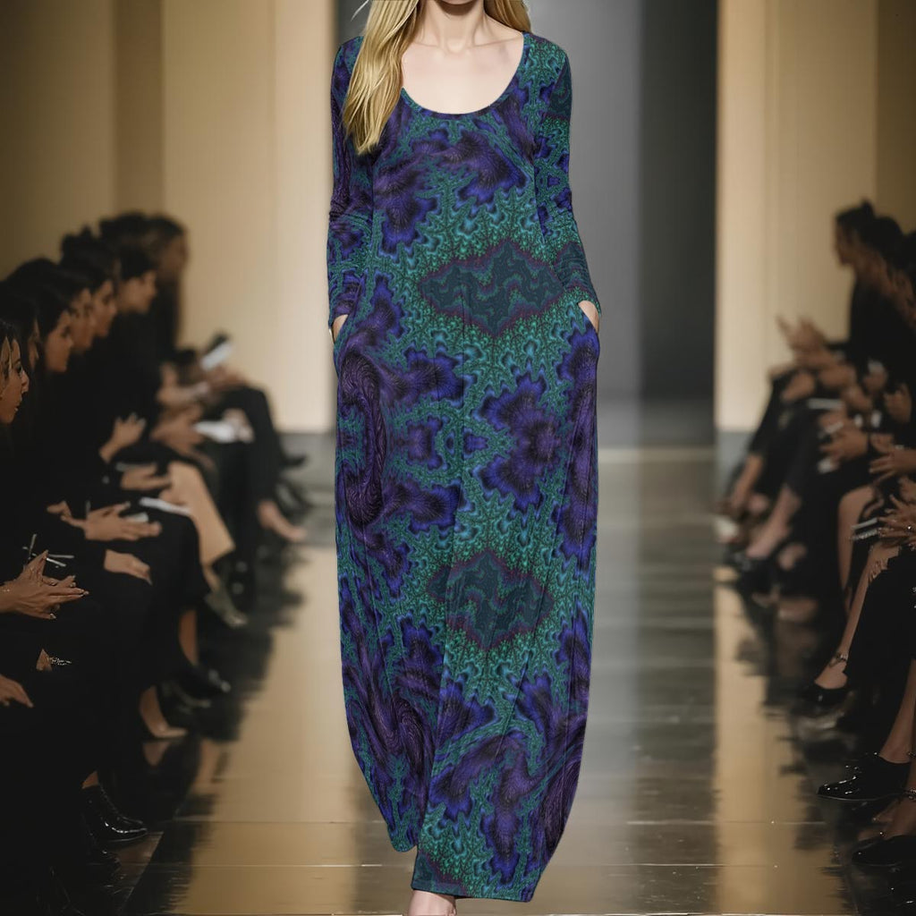 Feathery Fractal women's festival maxi dress back view with crushed velvet silhouette