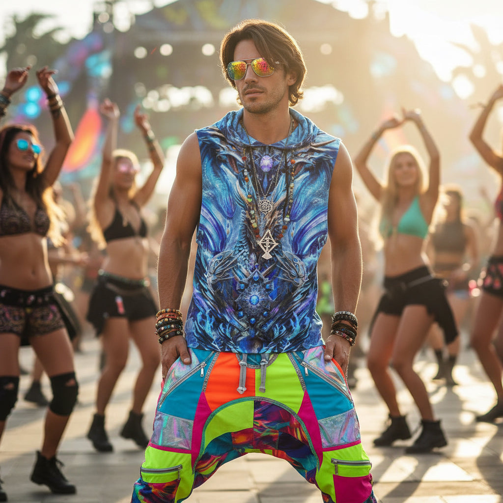 Electric Dragonscape men's festival hoodie back view with colorful pattern