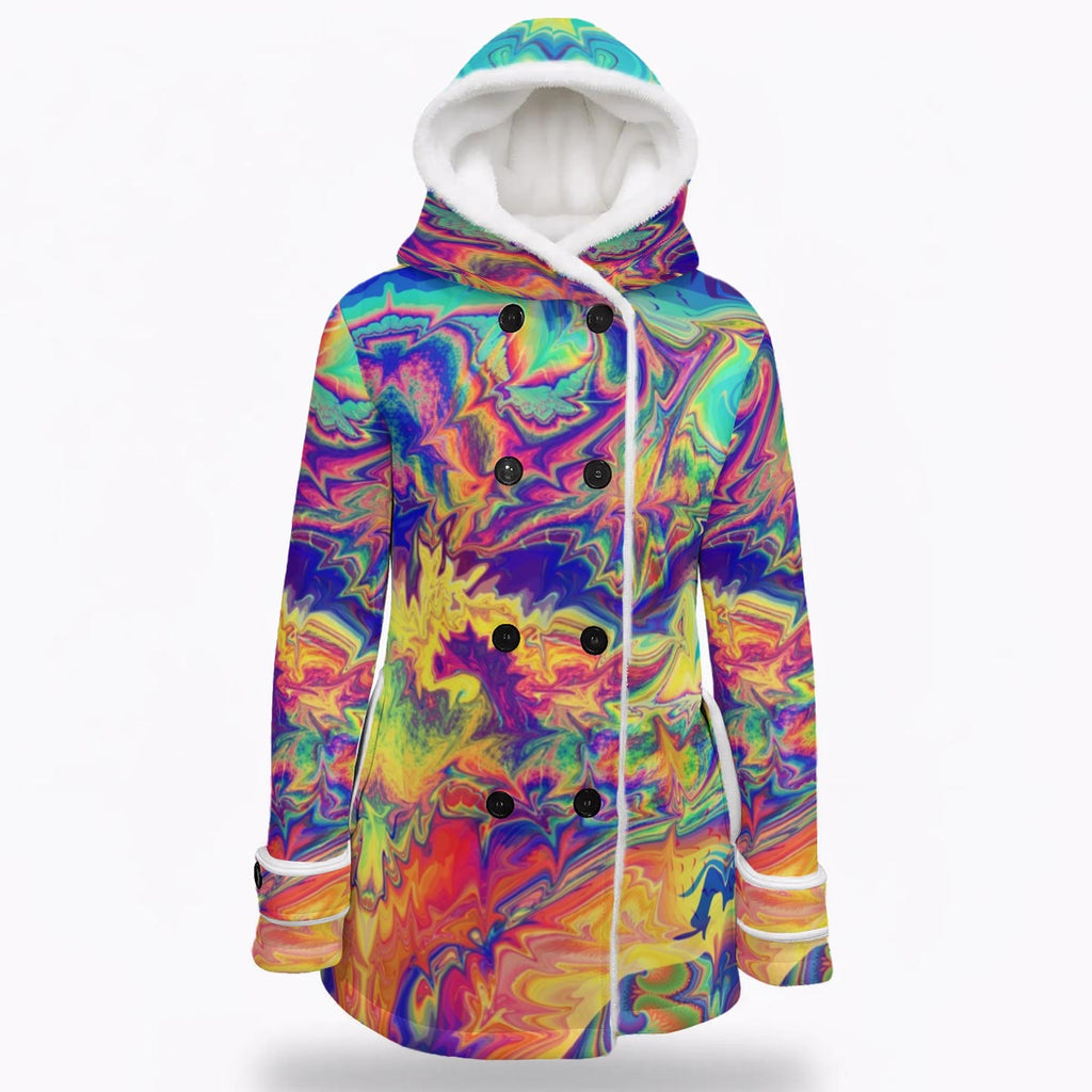 Windowpane women's fleece-lined festival coat front detail with structured outerwear look