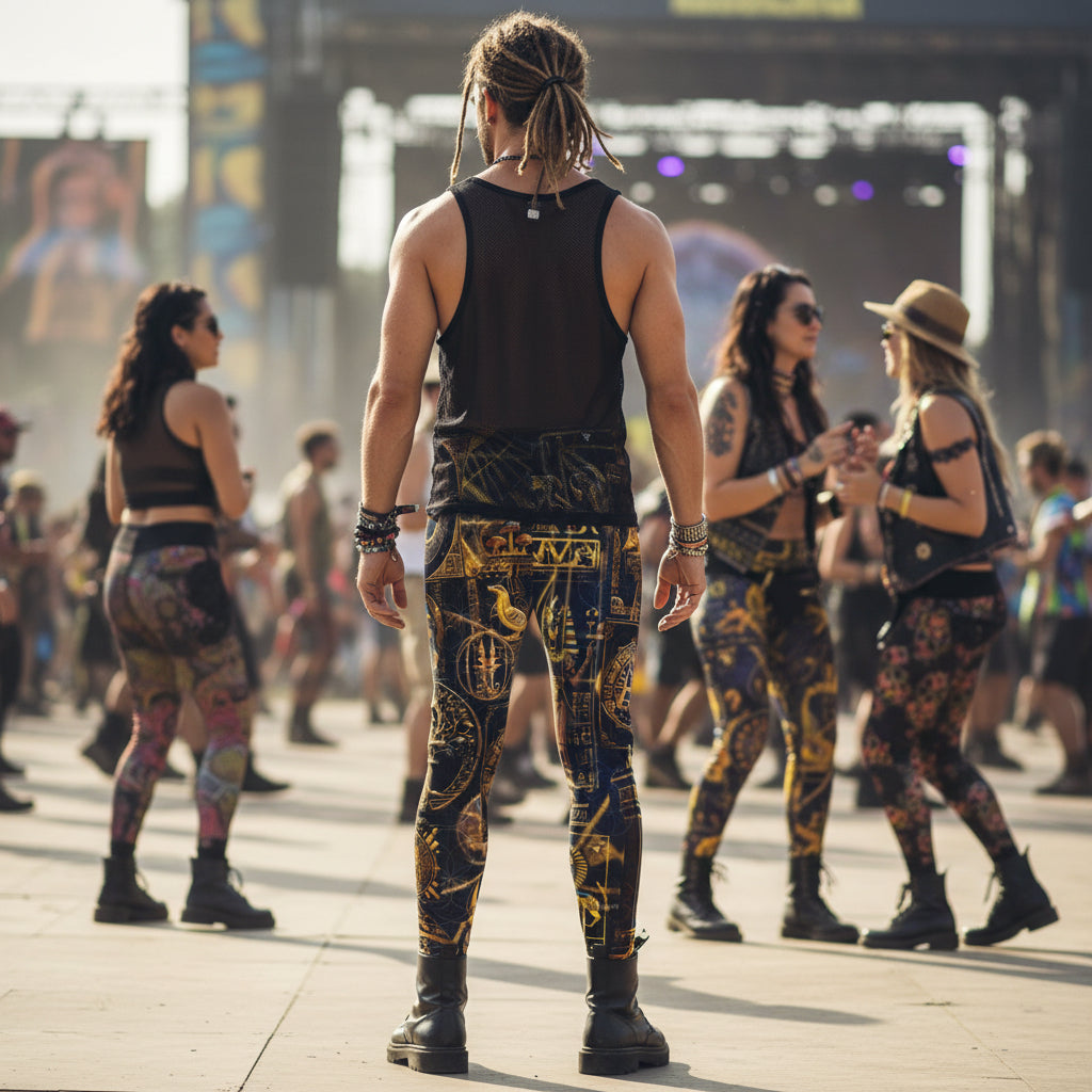 Egyptian Atlantis Men's Festival Leggings detail view with statement activewear