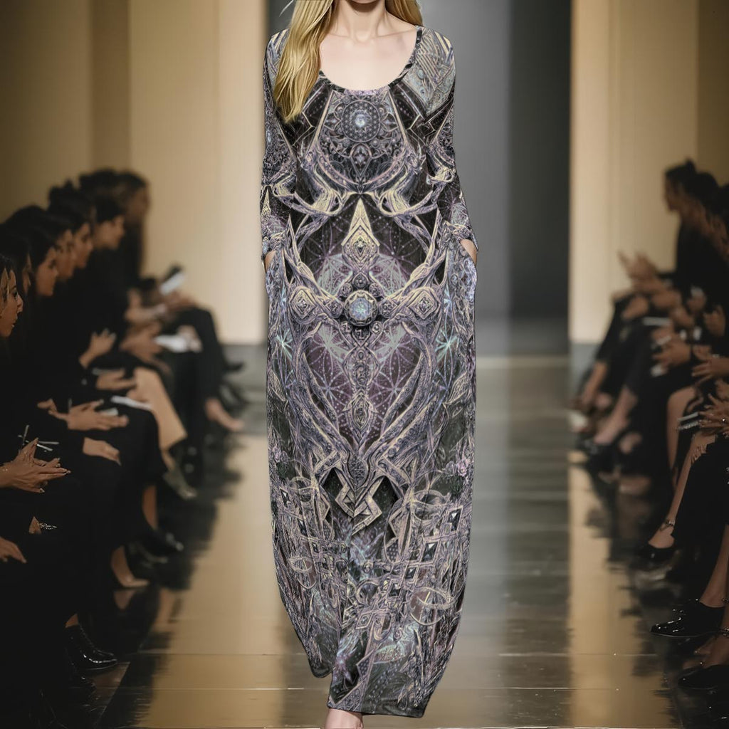 Cosmic Cross Silver women's festival maxi dress back view with crushed velvet silhouette