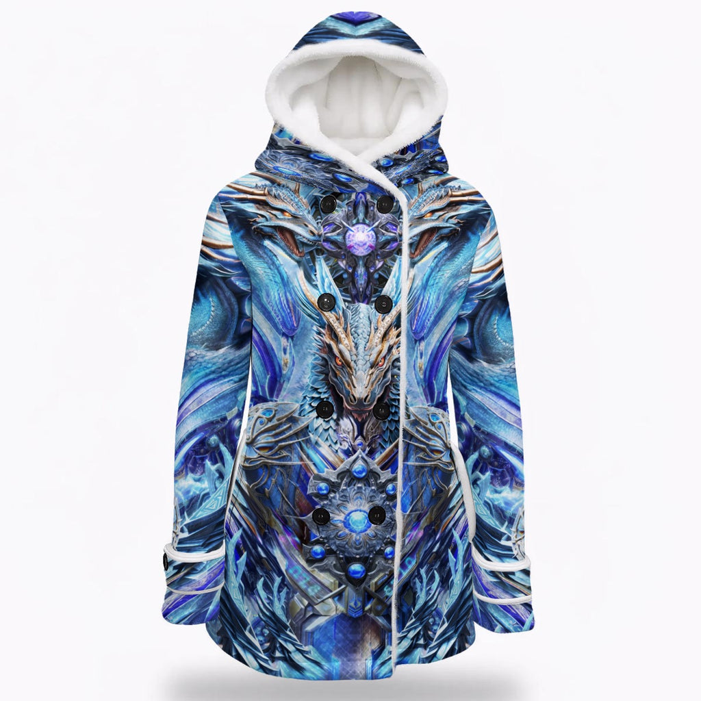 Electric Dragonscape women's winter coat front detail with double-breasted outerwear styling