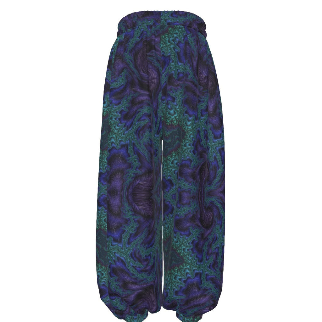 Feathery Fractal men's lantern pants front view with psychedelic festival print