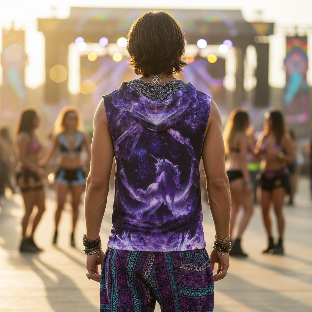 Amethyst Unicorn men's festival hoodie back view with purple pattern