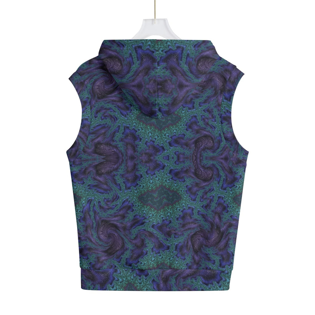 Blue Feathery Fractal Cotton Sleeveless Pullover Hoodie Vest