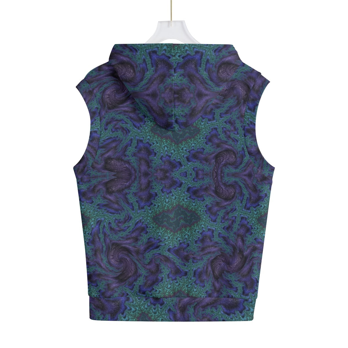 Blue Feathery Fractal Cotton Sleeveless Pullover Hoodie Vest
