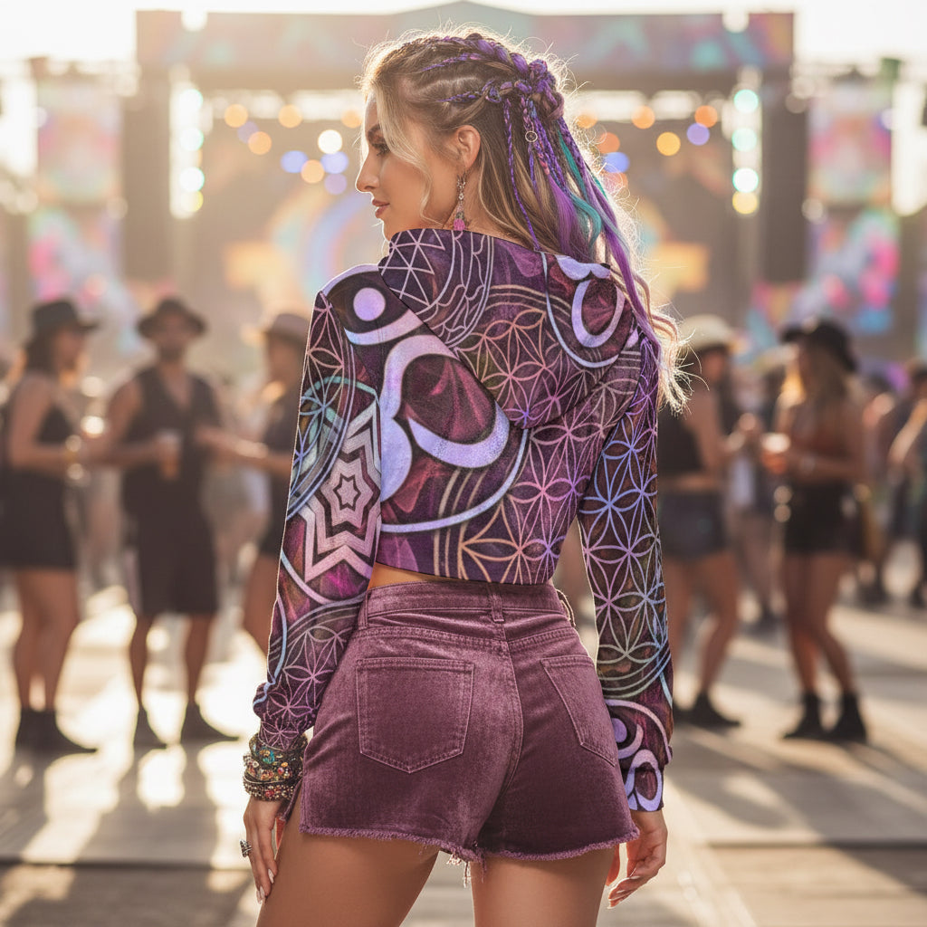Sacred Geo women's rave crop hoodie back view