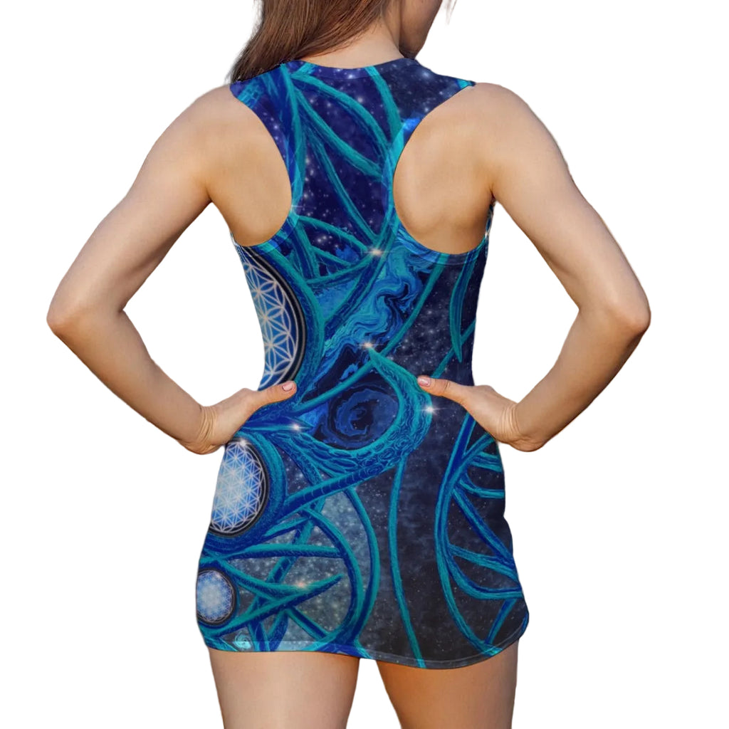 Mystic Eye Blue women's sheer mesh dress detail with mystic eye design
