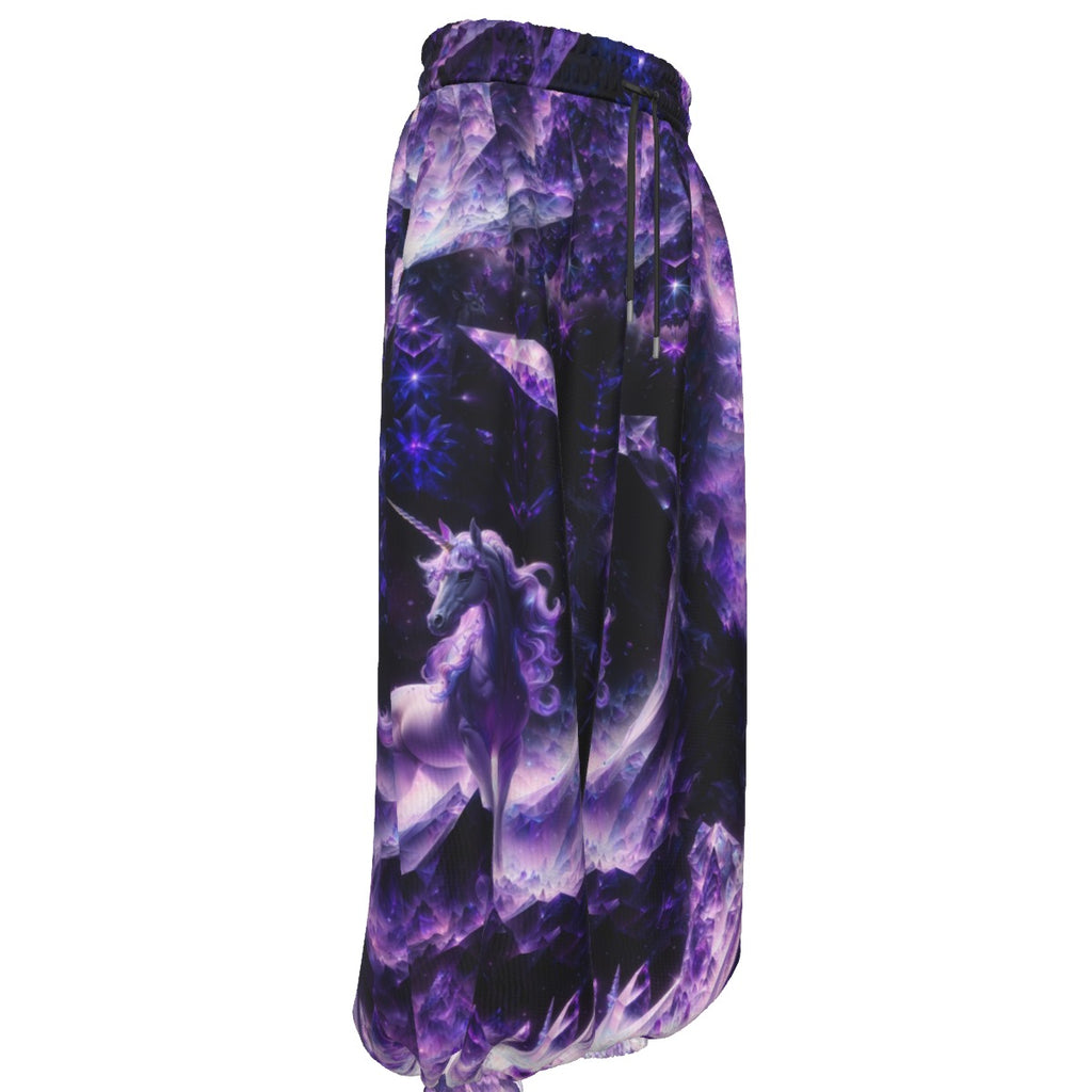 Amethyst Unicorn men's rave pants detail view with visionary art pattern