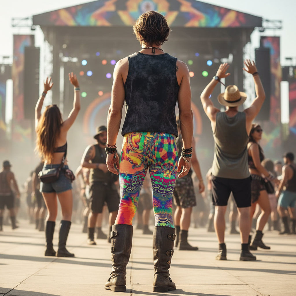 Acid Melt Men's Festival Leggings detail view with spiritual style