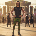 Shroom Flower of Life Green Men's Festival Leggings front view with sacred geometry leggings