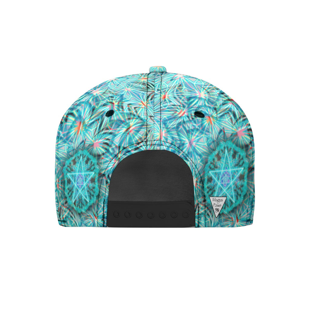 The back of a snapback cap featuring a vibrant turquoise and teal geometric star pentagram pattern with a black adjustable closure strap.