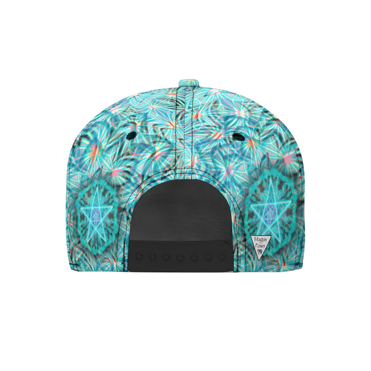 The back of a snapback cap featuring a vibrant turquoise and teal geometric star pentagram pattern with a black adjustable closure strap.