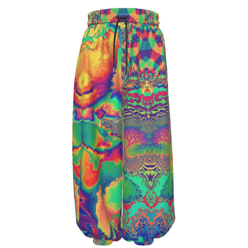 Acid Melt men's lantern pants front view with psychedelic festival print