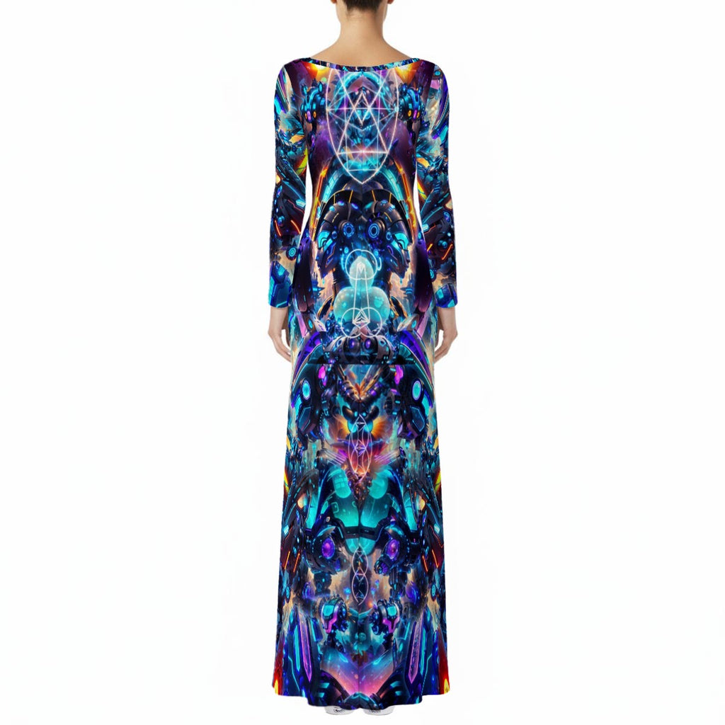 Cyber Punk Mech women's long sleeve crushed velvet dress side view with futuristic festival style