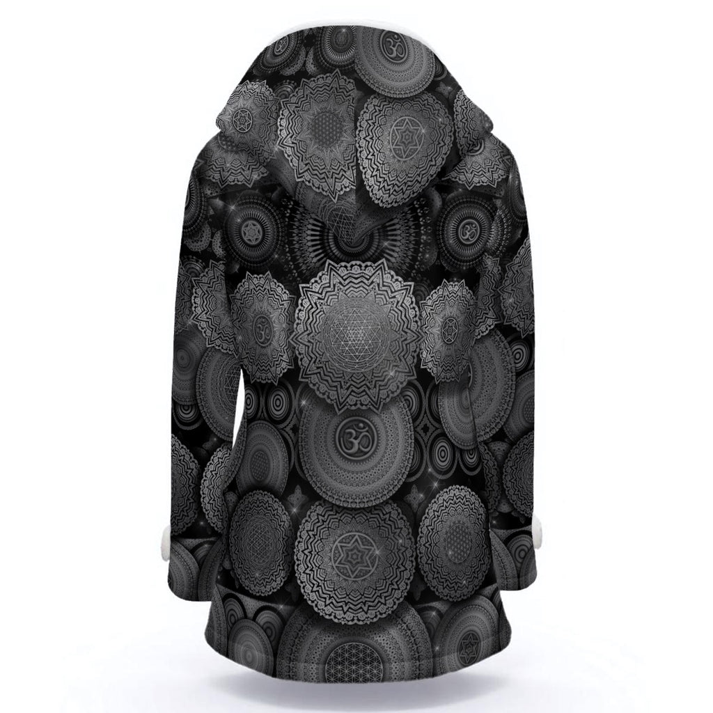 Void Mandala women's festival outerwear back view with hooded coat design