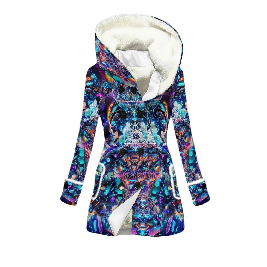 Cyber Punk Mech women's rave jacket side detail with futuristic pattern