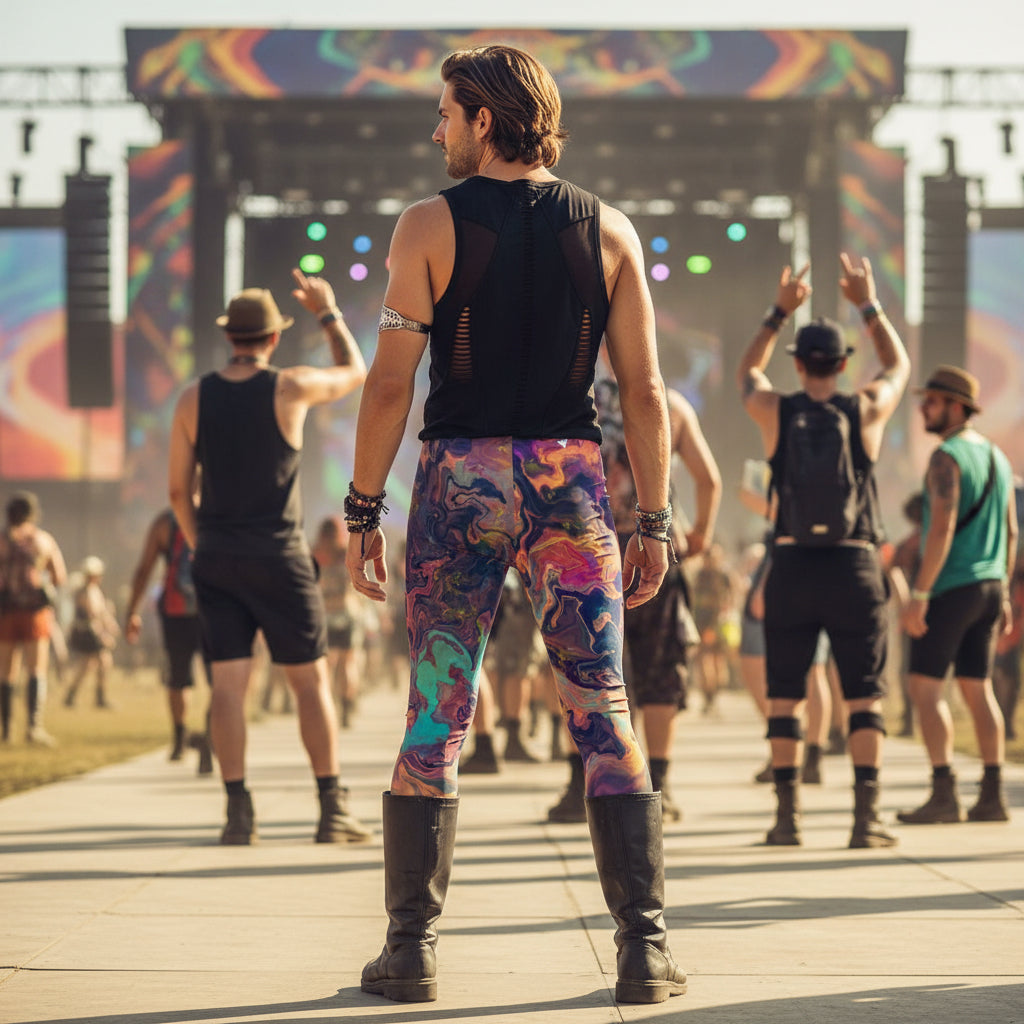 Liquified Abyss Men's Festival Leggings back view with music festivals