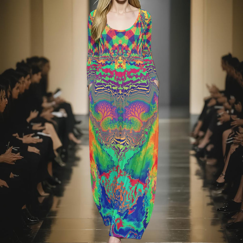 Acid Melt women's festival maxi dress back view with crushed velvet silhouette