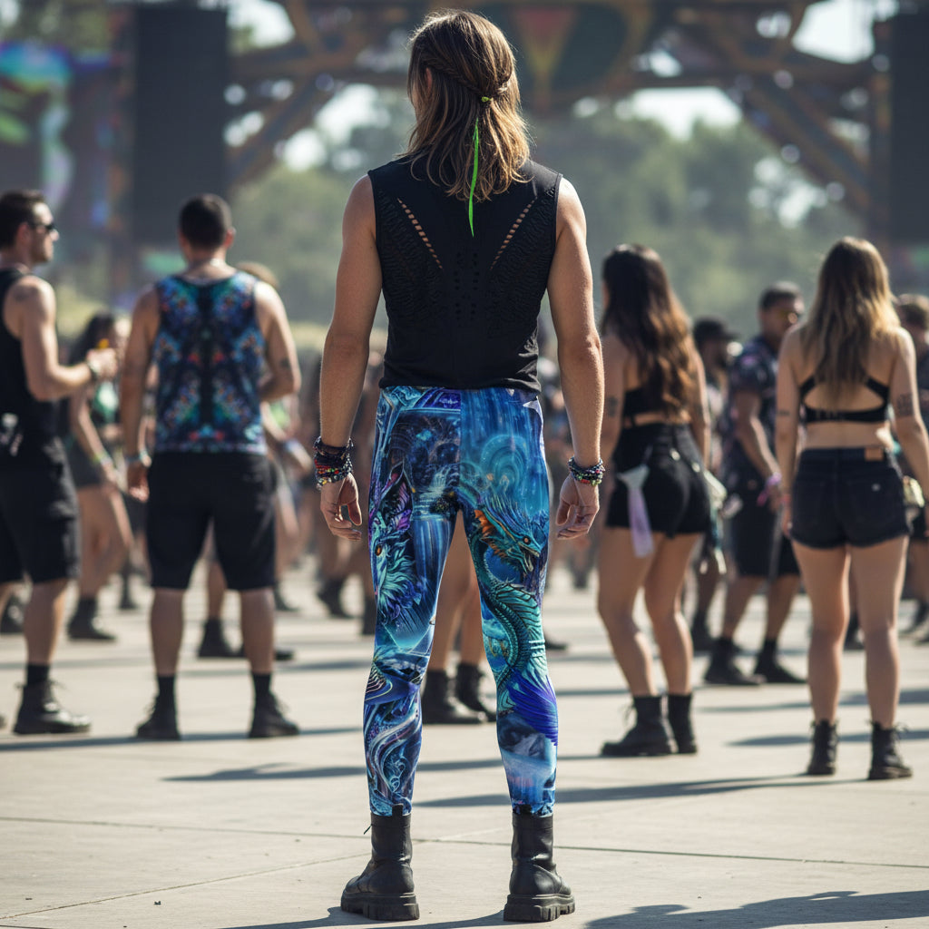 Dreamweaver Men's Festival Leggings side view with visionary art