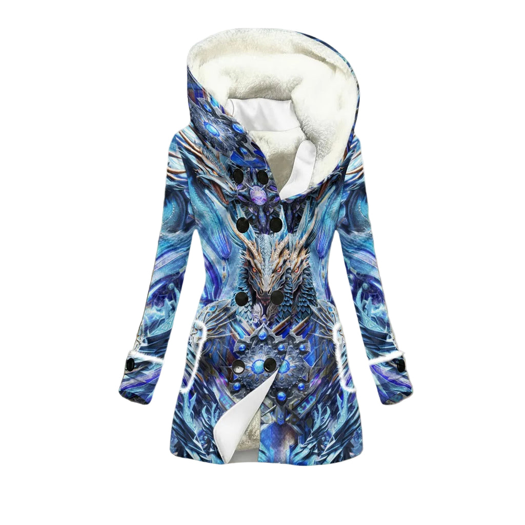 Electric Dragonscape women's rave jacket side detail with colorful pattern