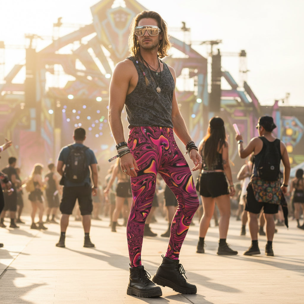 Fuchsia Swirl Men's Festival Leggings back view with rave outfits