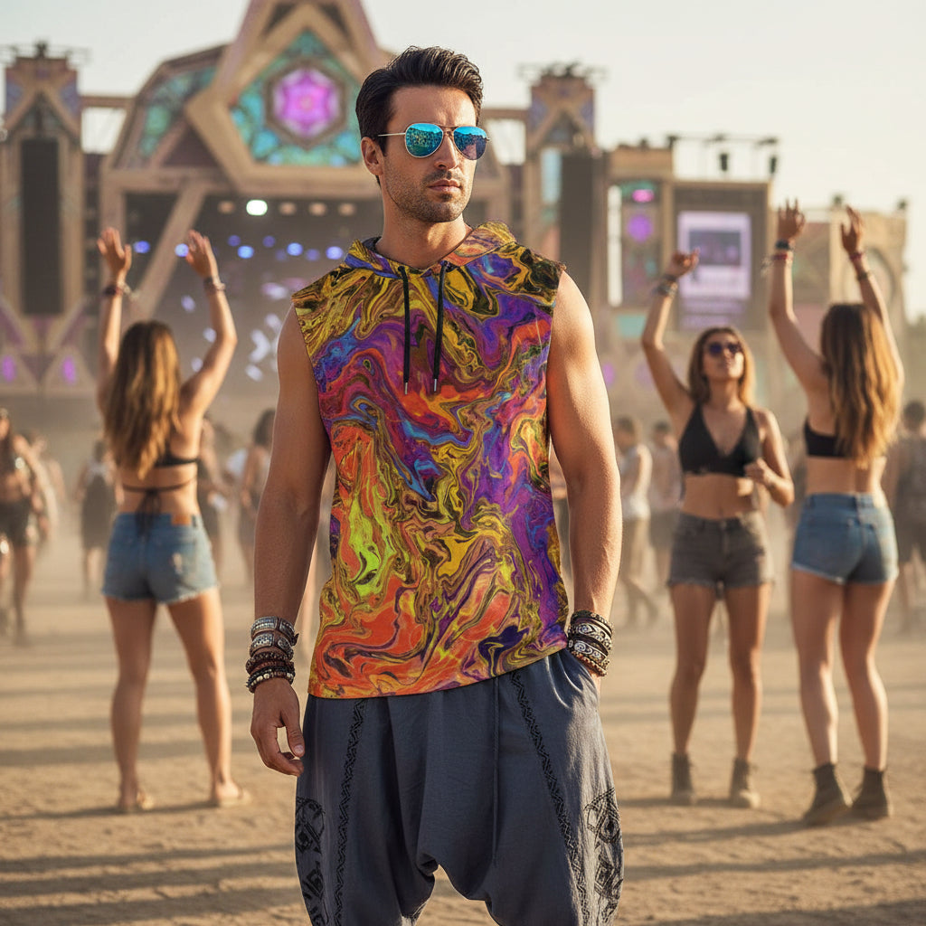 Liquid Fire men's sleeveless hoodie front view with fiery psychedelic pattern