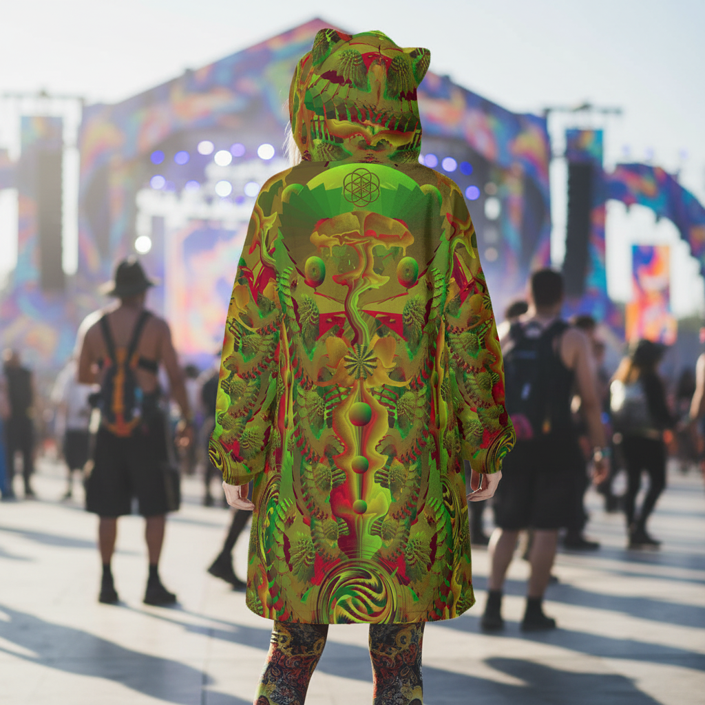 Hooded Blanket w/ Ears | Shroom Flower of Life Green