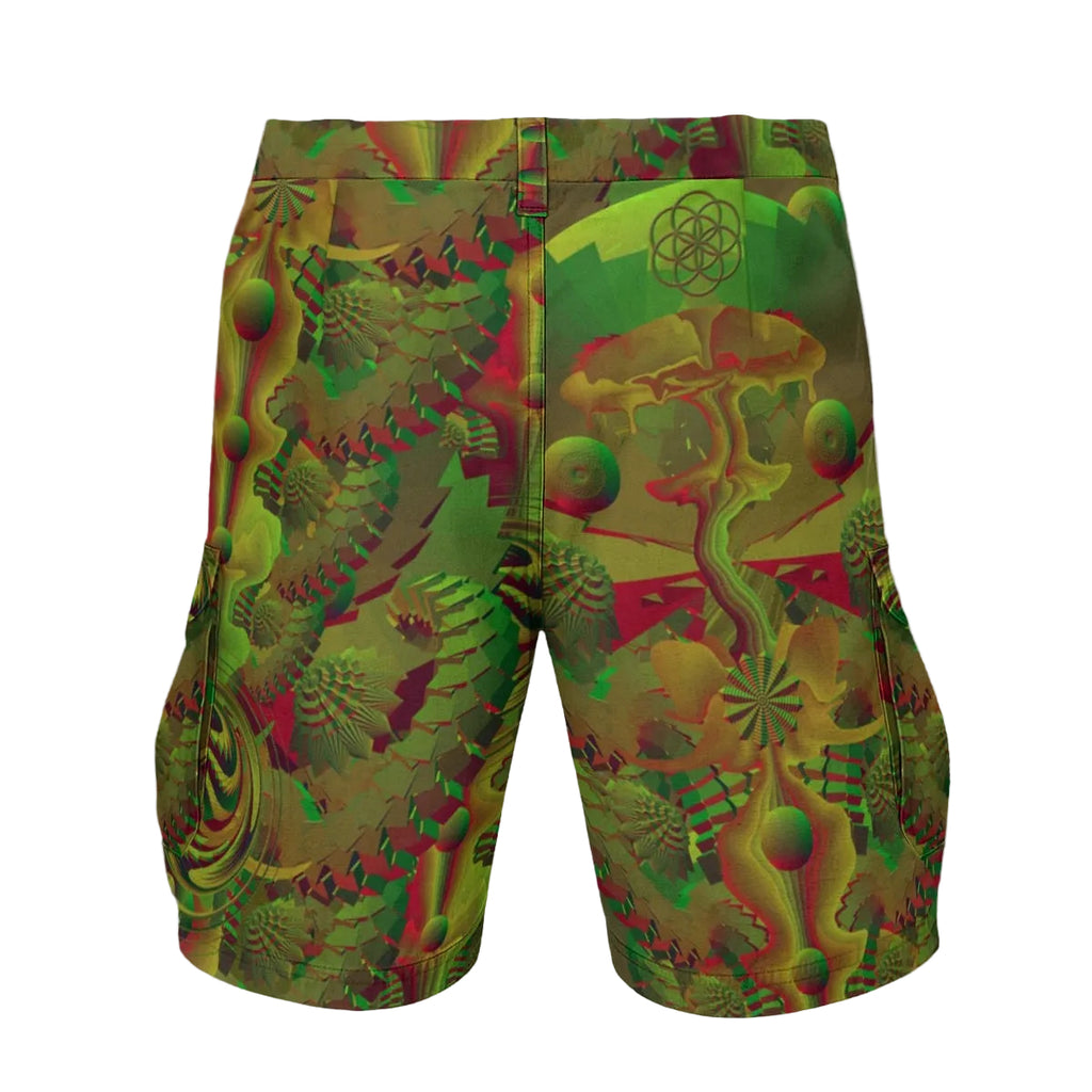 Shroom Flower of Life Green men's festival shorts back view with cargo pocket detail