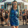 Mystic Eye Blue women's sheer mesh bodycon dress front view with blue psychedelic pattern