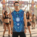 Mystic Eye Blue men's sleeveless hoodie front view with blue psychedelic pattern